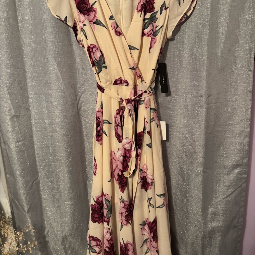 Lulus Floral Wrap Dress in Cream and Purple
